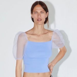 Zara Knit Blue Top w Puff Sleeves